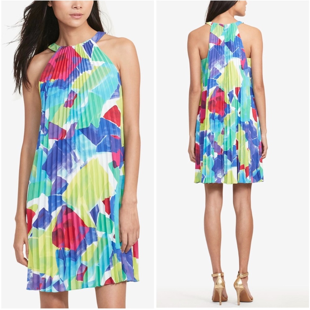 Ralph Lauren Women'S Abstract Print Pleated Dress In Multicolored Size 12